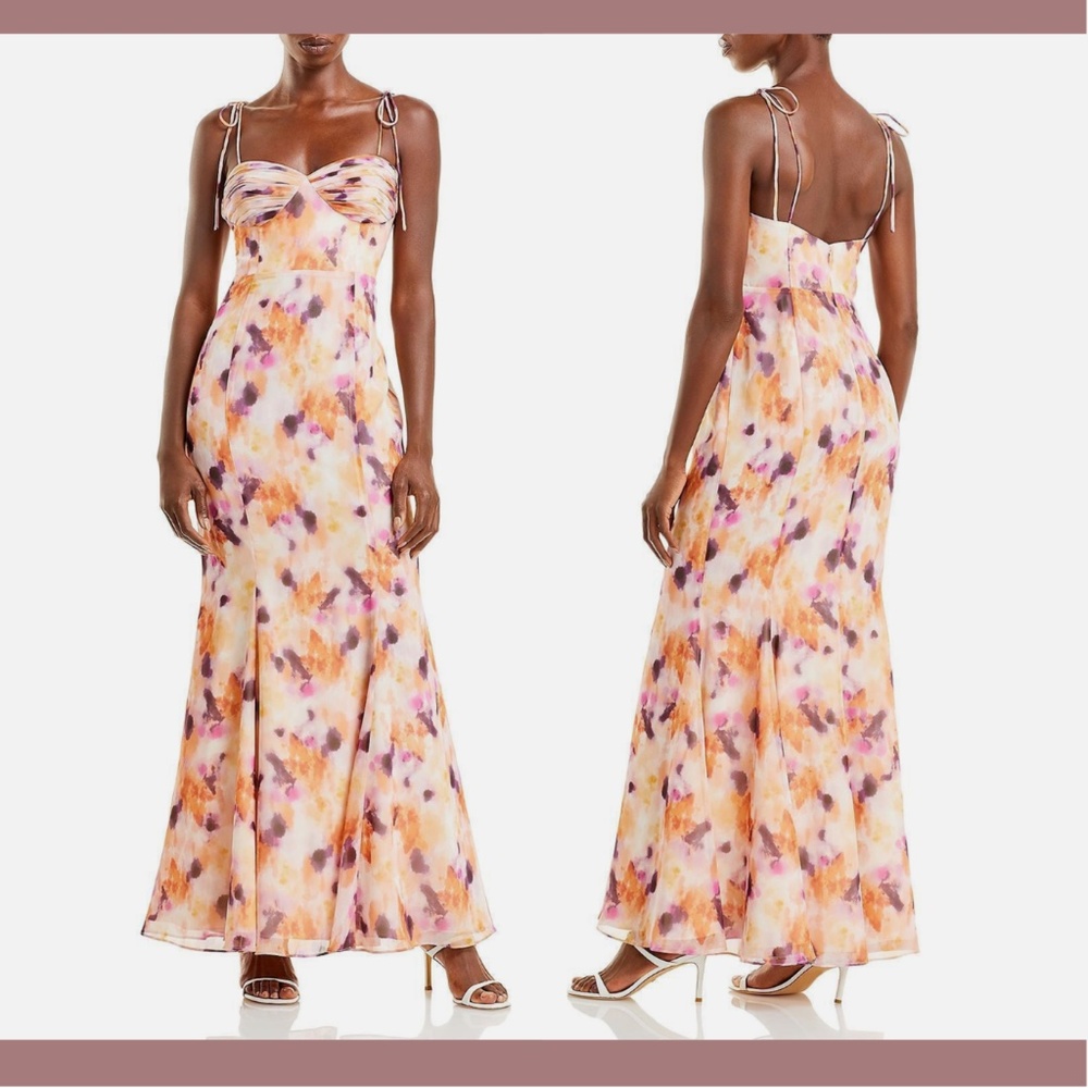 NWT Fame and Partners [ 14 US ] The Elham Shoulder Tie Printed Maxi‎ Dress Gown